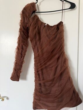 Zara One-Shoulder Chocolate Brown Mesh Dress